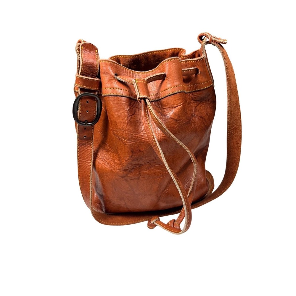 Rare Frye Vintage Cognac Leather Drawstring Bucket Bag Crossbody DB501 Mexico - Picture 11 of 15